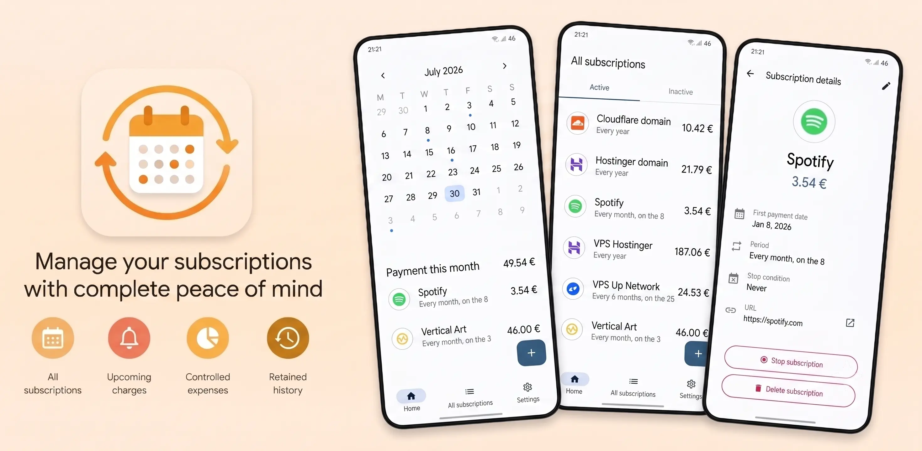 Promotional banner for a subscription management mobile app featuring the app icon, the tagline "Manage your subscriptions with complete peace of mind," key features, and three smartphone screens displaying a calendar payment overview, an active subscriptions list, and detailed subscription settings.