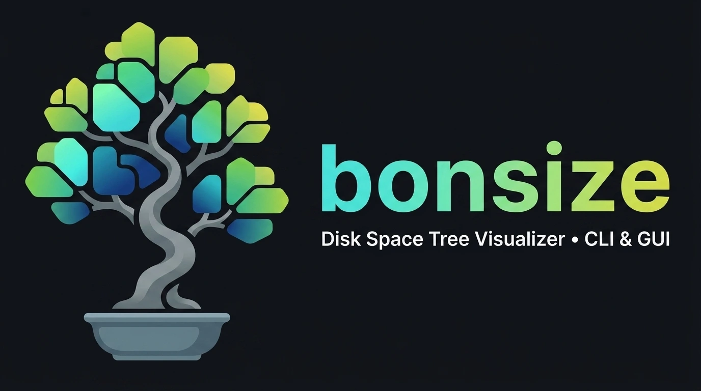 Stylized bonsai tree with treemap data block leaves beside the title bonsize and subtitle Disk Space Tree Visualizer (CLI & GUI)