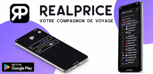Advertisement for the RealPrice currency conversion app on Android, with the slogan 'your travel companion'.
